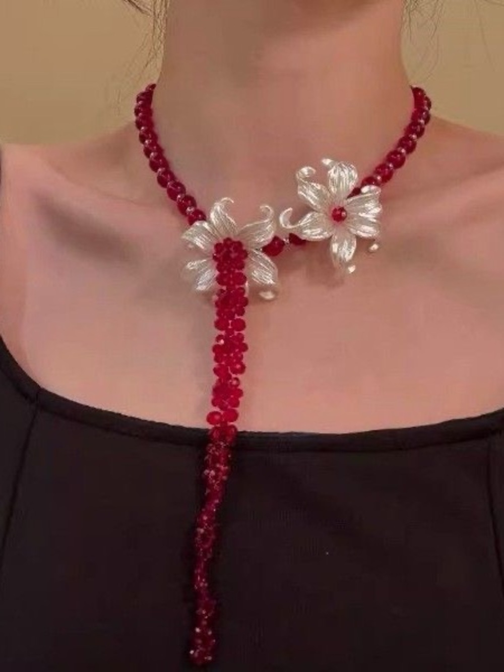 Red Beaded Floral Lariat Necklace with Silver Flowers